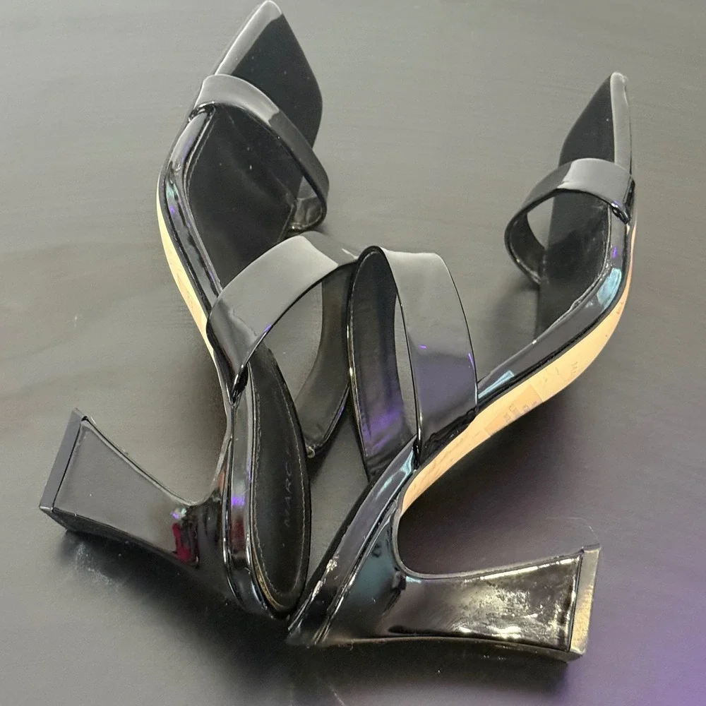 Marc Fisher Black Patent Square Toe Heeled‎ Slide Sandals Womens 8 M Zasha